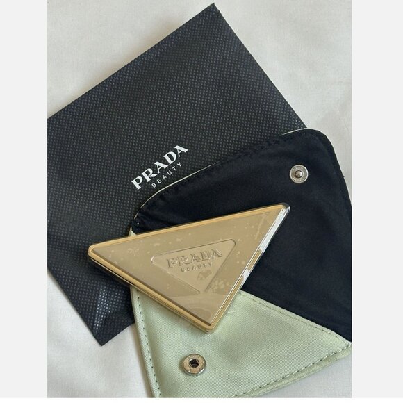 Prada Beauty Gold + Silver Folding Double Mirror Compact & Mint Green Pouch New - Picture 2 of 5